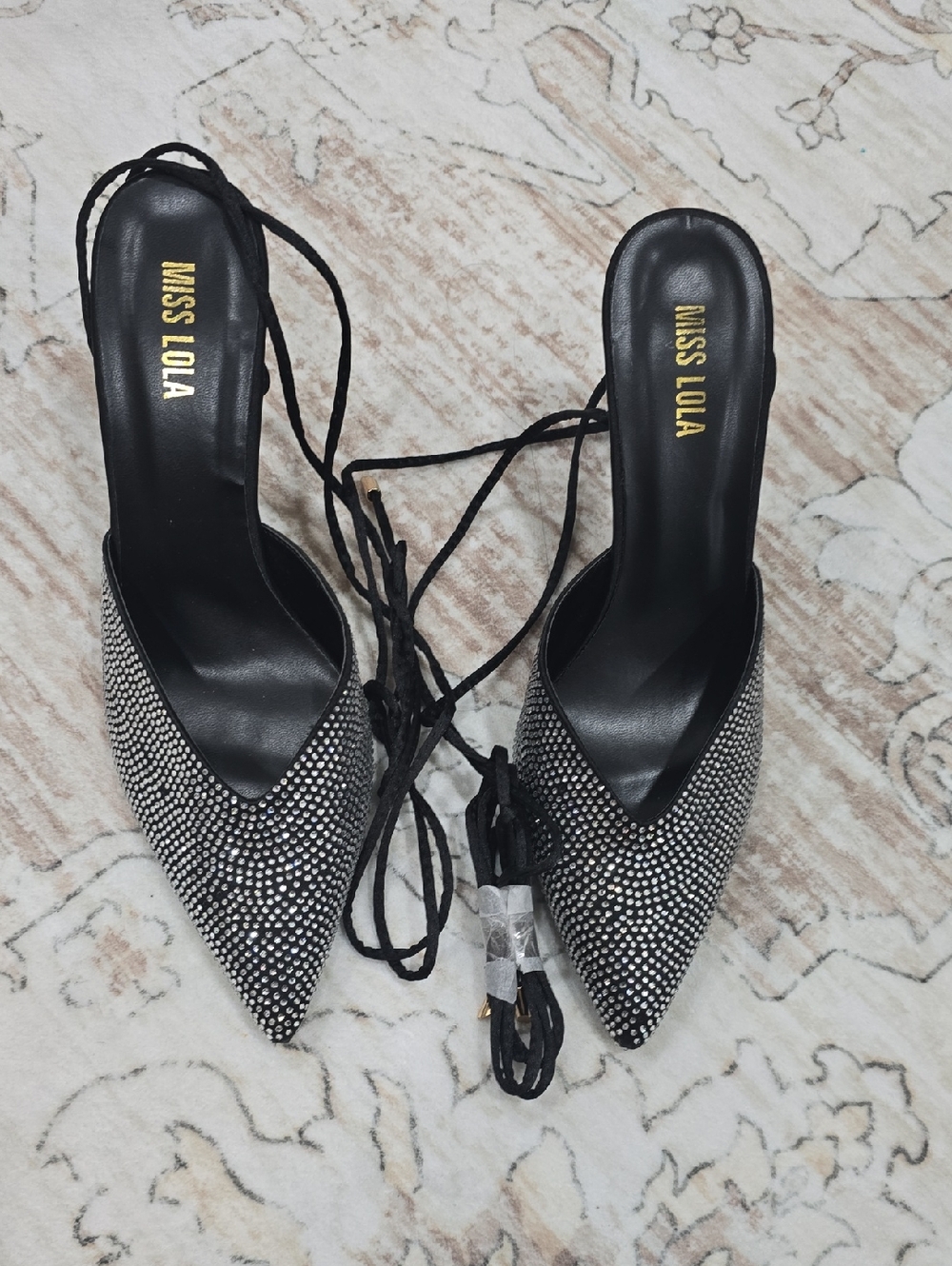 Miss Lola Black Rhinestone Pointed Toe Lace-Up Mules
